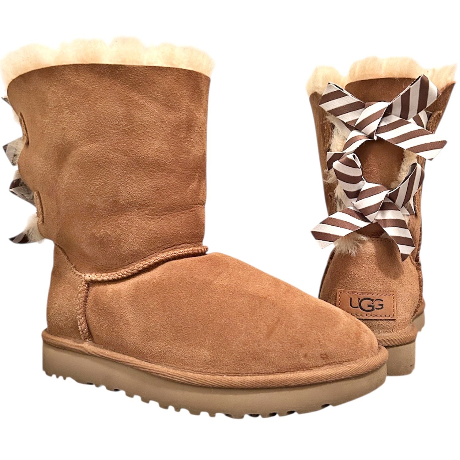 Ugg Tan Ankle Boots With Striped Bows